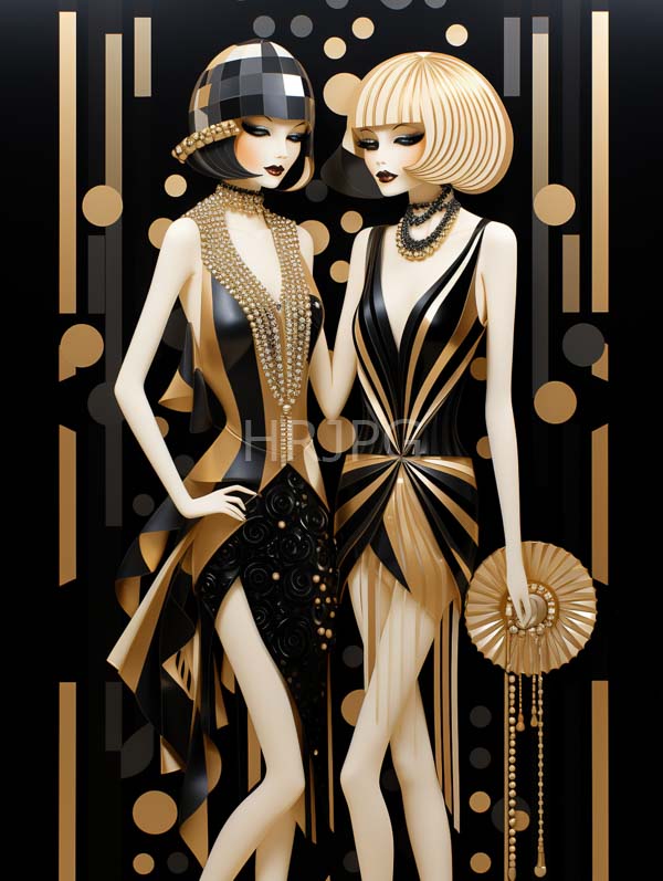 High Resolution: Two elegant pale-skinned women in Art Deco-inspired outfits wear geometric dresses with one in black and gold and the other with a high slit download. | HRJPG.com