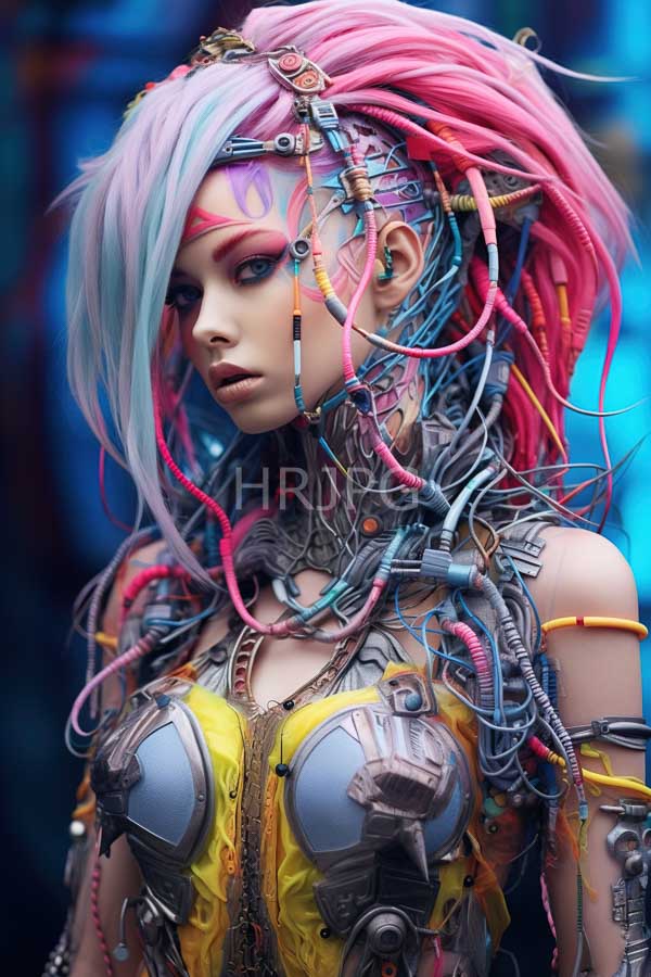 High Resolution: Cyberpunk-style woman with pink and blue dreadlocks intricate mechanical headgear and wiring wears a yellow and gray armored top download. | HRJPG.com