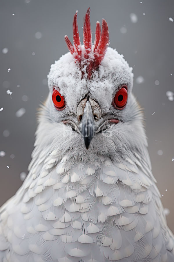 High Resolution: Close-up of a snow-covered white pigeon with striking red eyes a red comb and detailed white feather patterns with snowflakes visible in the blurred background download. | HRJPG.com