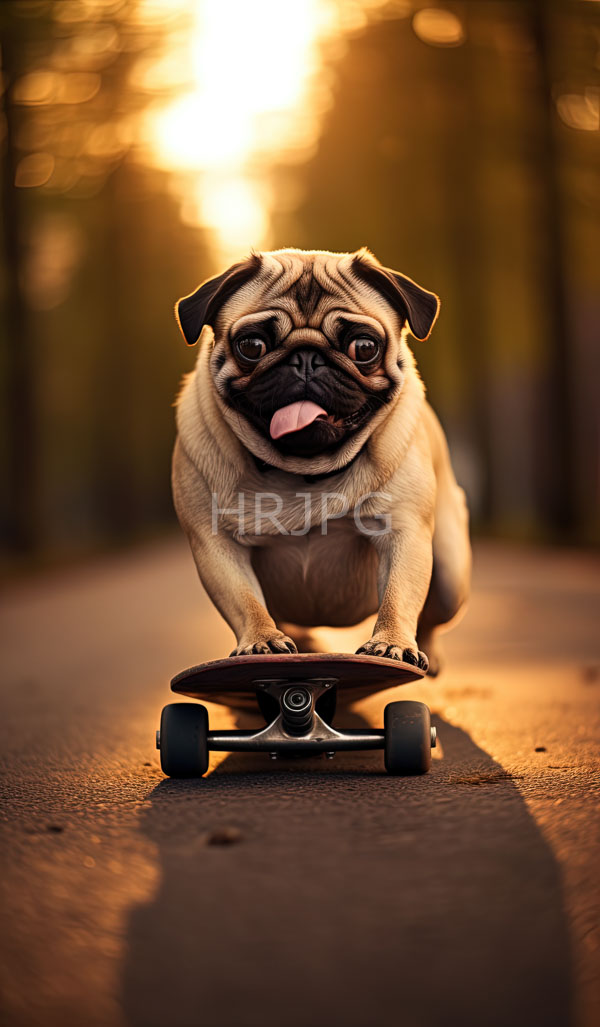 High Resolution: Pug with a beige coat and dark face stands on a skateboard with its tongue out on a sunlit forest path with prominent expressive eyes download. | HRJPG.com