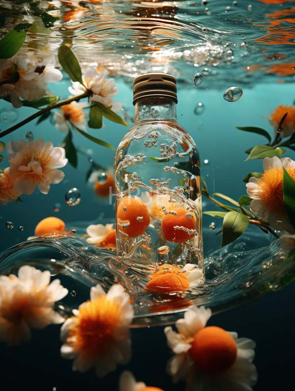 High Resolution: Clear glass bottle with a metal cap filled with water and floating orange mandarins is surrounded by white and orange chrysanthemums download. | HRJPG.com