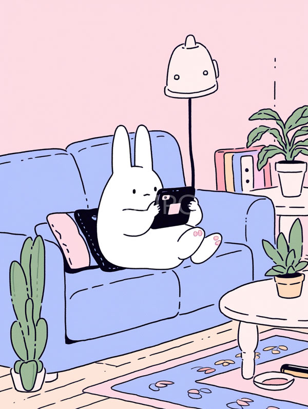 High Resolution: White chubby bunny-like character with small pink paws sits on a blue couch playing a handheld game console wearing a black polka-dotted shirt download. | HRJPG.com