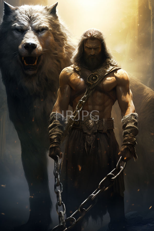High Resolution: Muscular bearded warrior with long brown hair wearing fur cuffs stands confidently in front of a large snarling gray wolf holding a large weapon download. | HRJPG.com