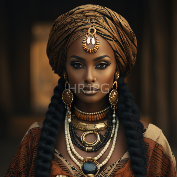 High Resolution: African woman with dark brown skin wears a patterned brown headwrap intricate gold and pearl jewelry and braided black hair with a serious expression download. | HRJPG.com