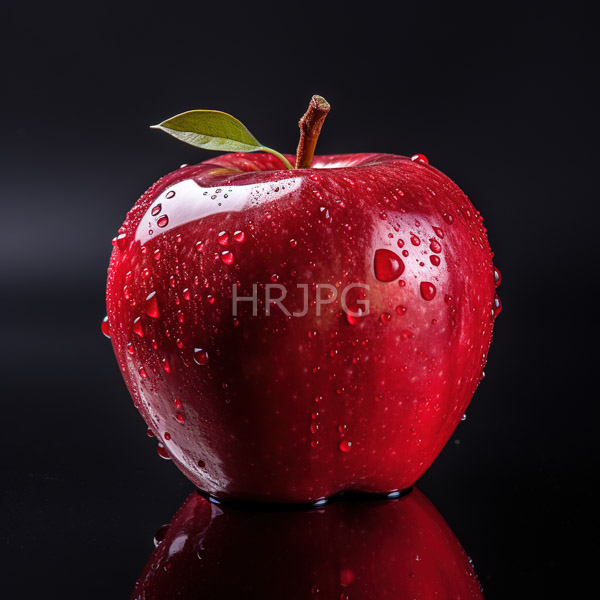 High Resolution: Vibrant red apple with droplets of water on its shiny surface reflects light with a small green leaf and a brown stem against a black background download. | HRJPG.com