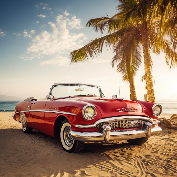 High Resolution: Vintage red convertible car with chrome accents and white-walled tires is parked on a sandy beach at sunset beside a tall palm tree download. | HRJPG.com