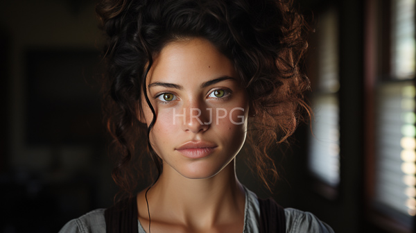 High Resolution: Young woman with light brown skin green eyes and curly dark brown hair wears a gray shirt with dark suspenders with a serious expression download. | HRJPG.com