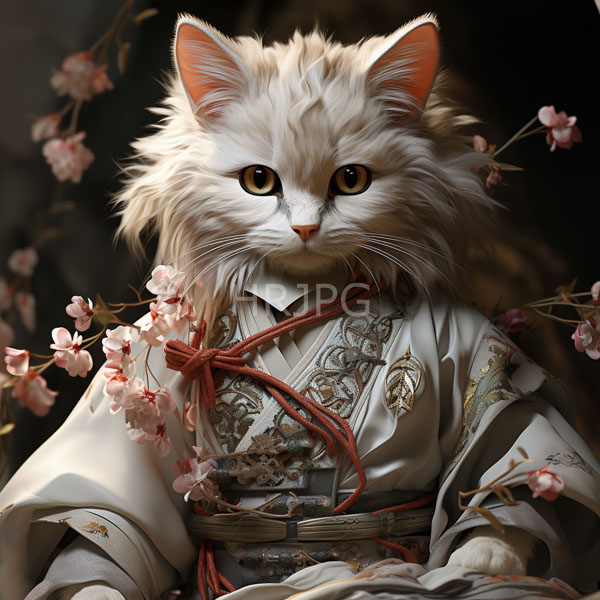 High Resolution: Fluffy white long-haired cat with golden eyes wears an intricately patterned white kimono surrounded by delicate pink cherry blossoms download. | HRJPG.com