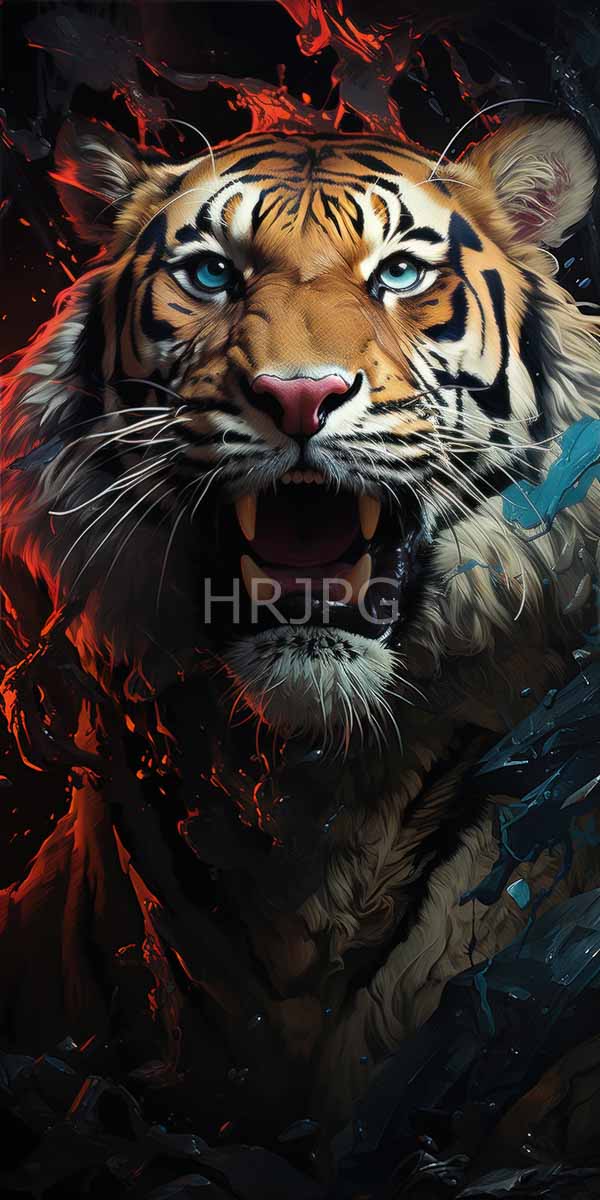 High Resolution: Fierce roaring tiger with vivid blue eyes orange and black striped fur and sharp teeth is set against a dark background with fiery red and blue cracks download. | HRJPG.com