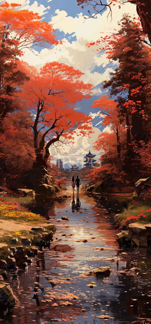 High Resolution: Serene autumn landscape features two people walking along a reflective rocky stream surrounded by vibrant red and orange trees with a Japanese pagoda in the distance download. | HRJPG.com