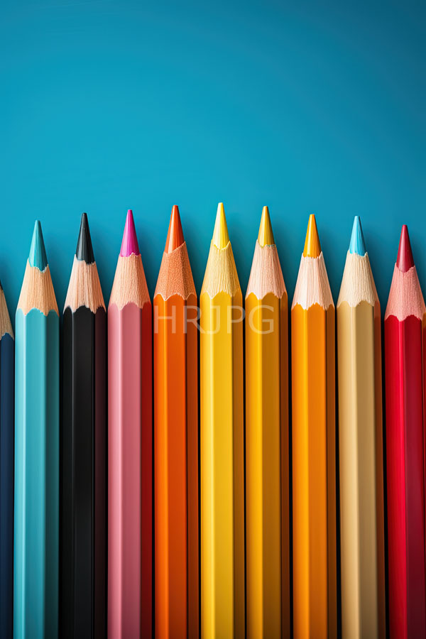 High Resolution: Twelve sharpened colored pencils standing in a row against a solid blue background feature colors including teal black pink orange and various shades of yellow download. | HRJPG.com
