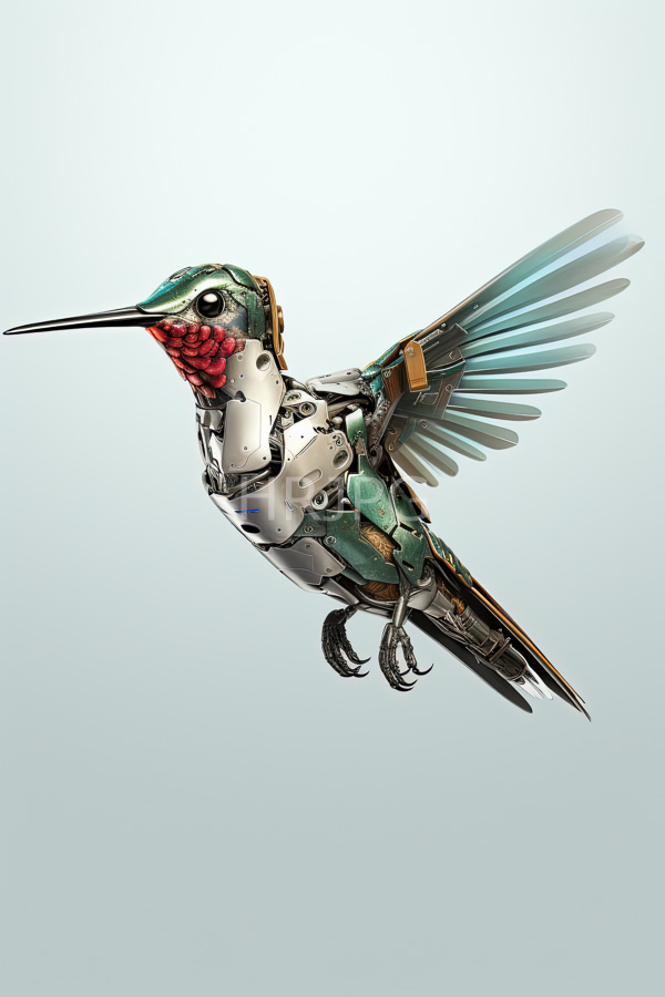 High Resolution: Mechanical hummingbird in mid-flight features a mix of metallic and colorful components including a green and silver body and teal and brown wing feathers download. | HRJPG.com