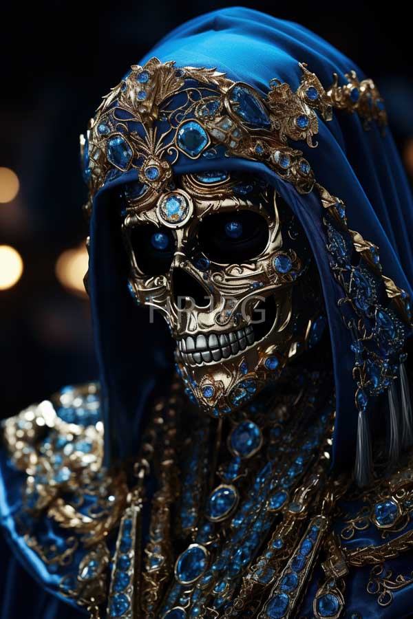High Resolution: Detailed ornate skull mask with dark blue reflective eyes is adorned with intricate gold and blue gemstone patterns covered by a luxurious blue hood download. | HRJPG.com