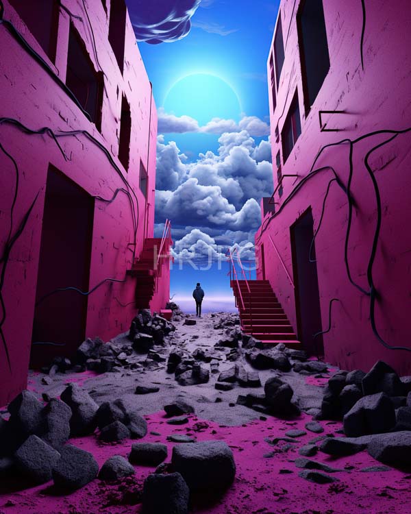 High Resolution: Surreal pink-hued alleyway with crumbling rocks and stairs leads to a distant silhouetted figure under a glowing blue moon and cloudy sky download. | HRJPG.com