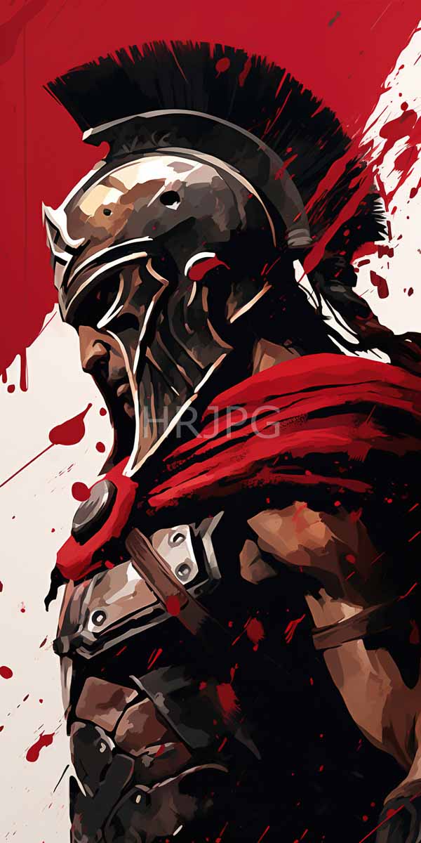 High Resolution: Muscular dark-skinned warrior in ancient Greek-style armor with a black plume helmet and red cape is set against a background featuring bold red and white splashes download. | HRJPG.com