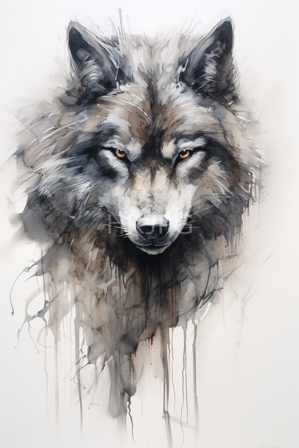 High Resolution: Watercolor-style drawing of a wolf's head features realistic fur textures in shades of gray black and brown with piercing amber eyes focused directly at the viewer download. | HRJPG.com