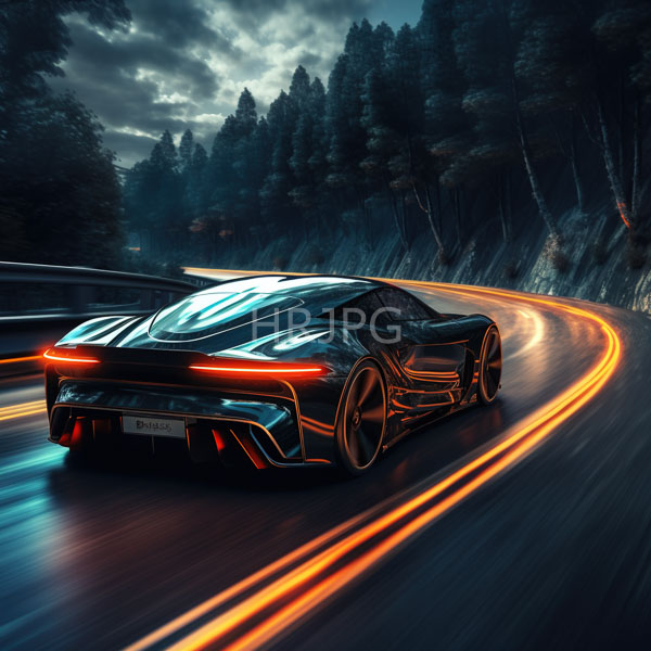 High Resolution: Sleek black futuristic sports car with glowing red taillights and orange accents speeds on a winding forest road at night download. | HRJPG.com