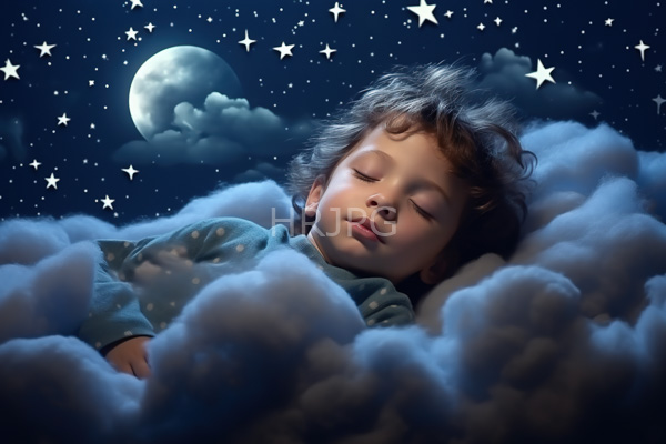 High Resolution: Young child with curly brown hair closed eyes and a peaceful expression sleeps among fluffy white clouds wearing a light blue long-sleeved pajama download. | HRJPG.com