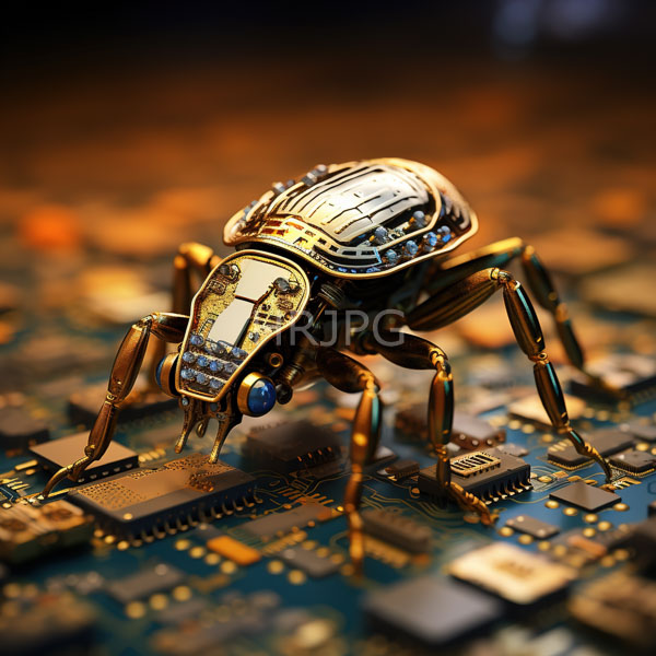 High Resolution: Metallic intricately detailed beetle with a shiny segmented exoskeleton adorned with blue gemstones stands on a circuit board with brass and copper components download. | HRJPG.com
