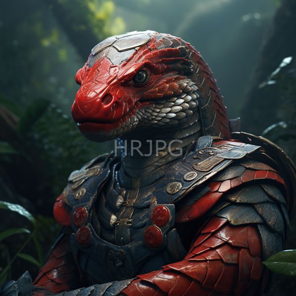 High Resolution: Red-scaled reptilian humanoid with intricate metallic armor features a textured scaly face with a prominent snout and expressive eyes download. | HRJPG.com