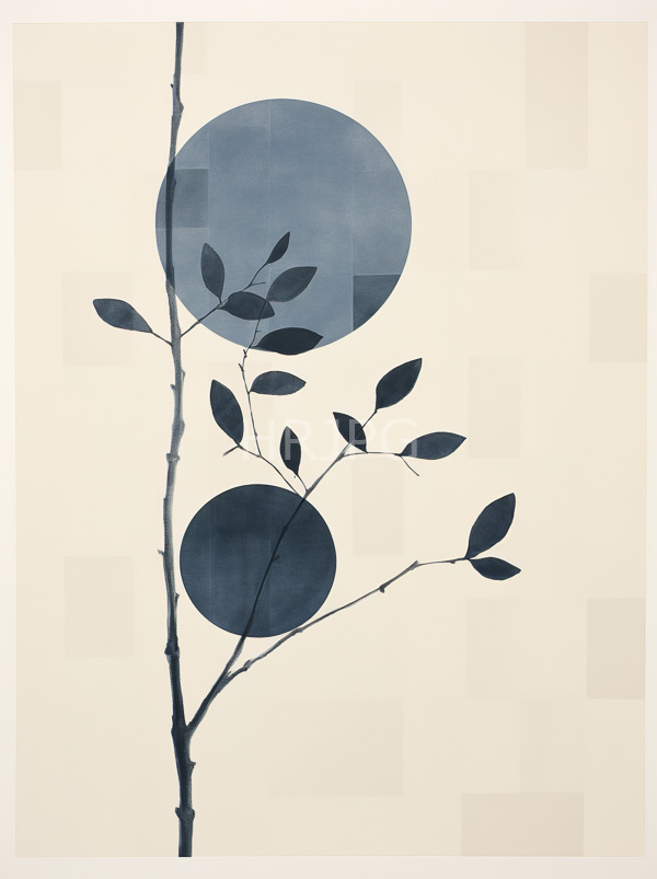 High Resolution: Minimalist drawing features a thin vertical tree branch with small dark leaves and two large overlapping blue circles positioned on the branch download. | HRJPG.com