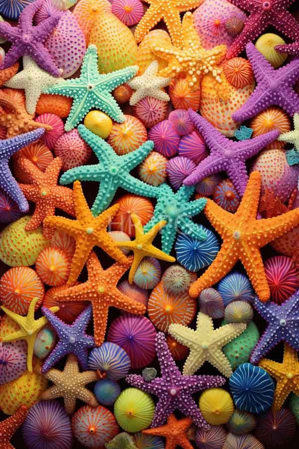 High Resolution: Vibrant colorful assortment of starfish and sea urchins in shades of orange purple yellow and turquoise with textured dotted surfaces are scattered together download. | HRJPG.com