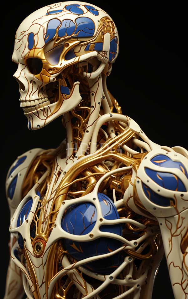 High Resolution: Highly detailed human skeleton with a blend of realistic and abstract elements has its skull and torso adorned with blue and gold patterns resembling veins download. | HRJPG.com