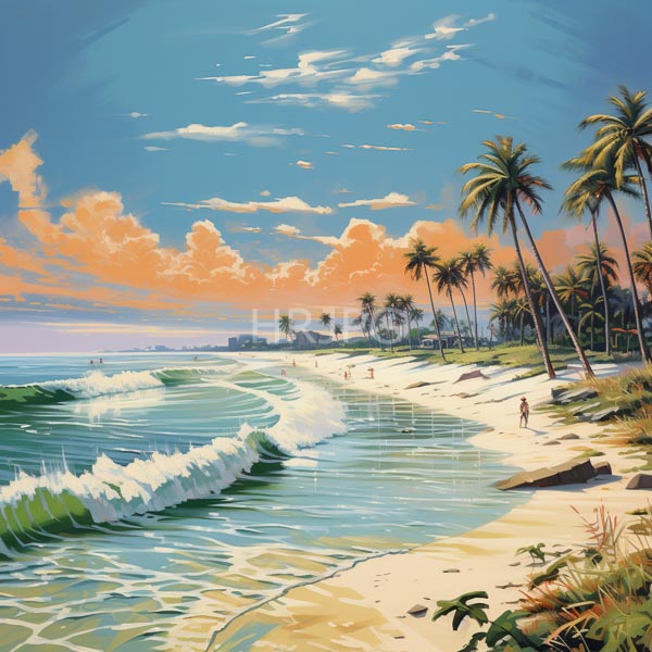 High Resolution: Tropical beach at sunset features waves crashing onto a sandy shore with palm trees and orange and pink clouds filling the sky reflecting on the water download. | HRJPG.com