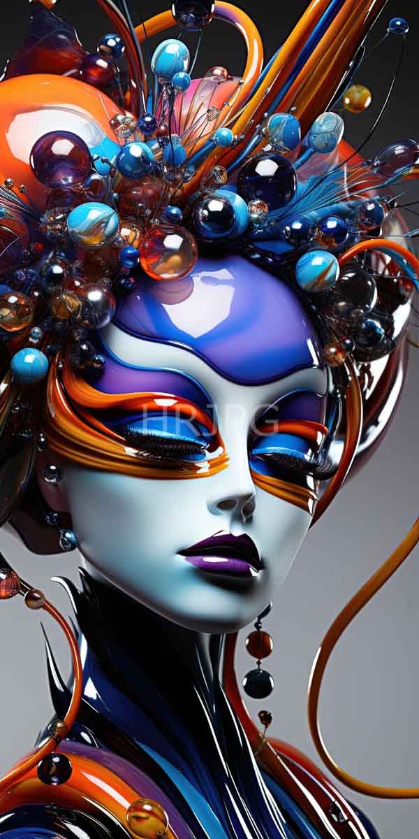High Resolution: Futuristic androgynous figure with a smooth pale blue face closed eyes and purple lips wears an elaborate colorful headdress adorned with shiny spherical ornaments download. | HRJPG.com