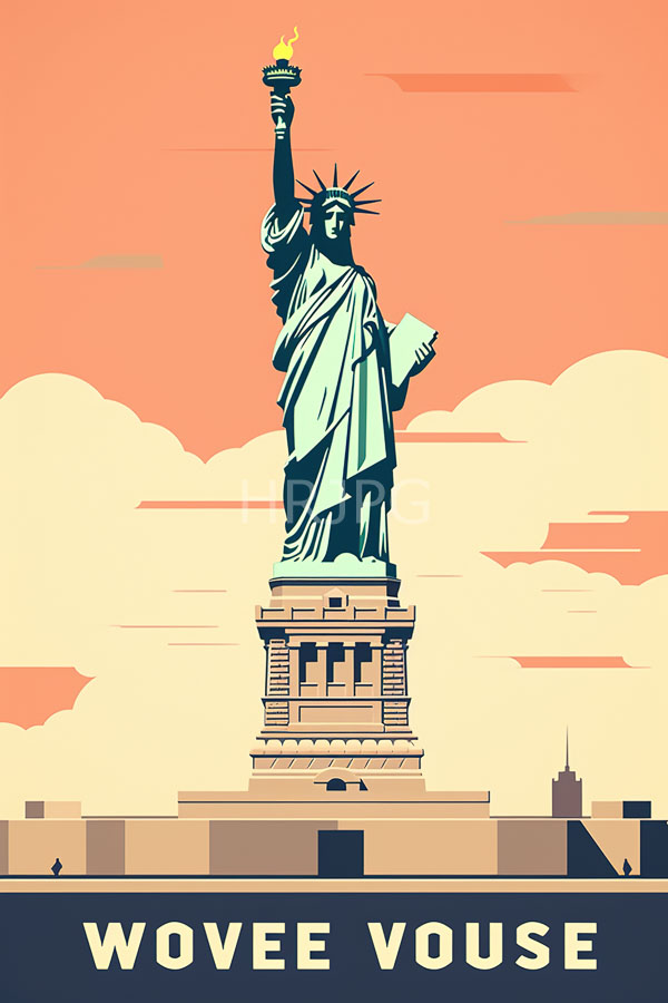 High Resolution: Statue of Liberty against a peach and cream cloudy sky holds a torch aloft and a tablet in her left hand with a city skyline in the background download. | HRJPG.com