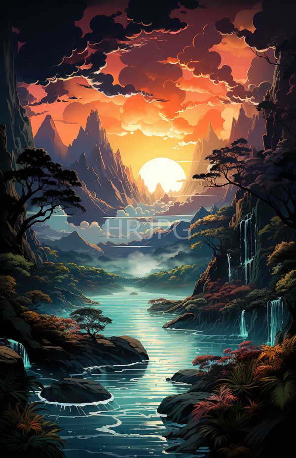 High Resolution: Serene river winds through a rocky valley beneath towering jagged mountains under a vibrant orange-red sunset sky with dramatic clouds download. | HRJPG.com