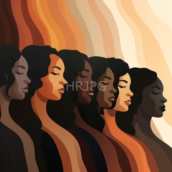 High Resolution: Six African-American women with varying dark skin tones stand in profile with serene faces and wavy black hair against abstract wavelike stripes download. | HRJPG.com