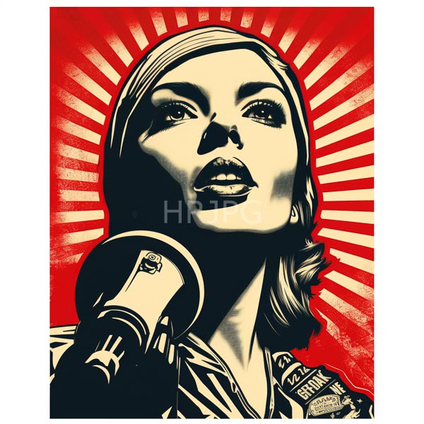 High Resolution: Vintage propaganda style illustration features a close-up of a woman with light skin wavy hair and a headscarf gazing upward with a determined expression holding a microphone download. | HRJPG.com