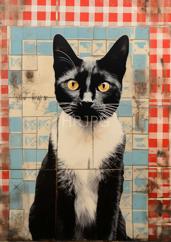 High Resolution: Black-and-white cat with striking yellow eyes sits against a textured patterned background featuring red blue and white tiles download. | HRJPG.com