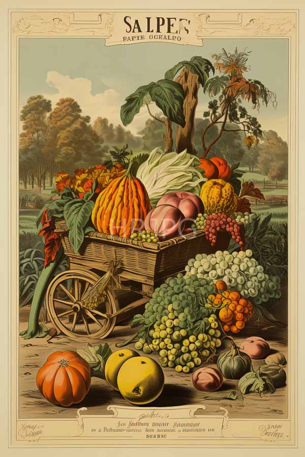 High Resolution: Detailed colorful 19th-century botanical illustration depicts a wooden cart overflowing with various fruits and vegetables including pumpkins and melons download. | HRJPG.com