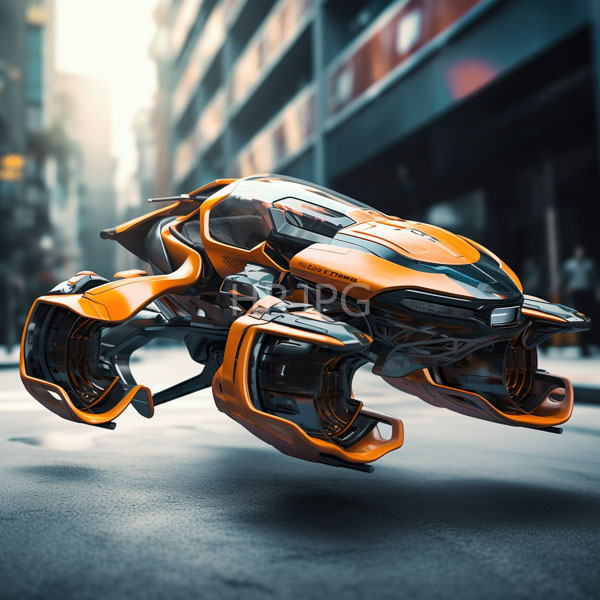 High Resolution: Futuristic orange and black hoverbike with a sleek aerodynamic design and sharp angular lines flies above a blurred urban street download. | HRJPG.com