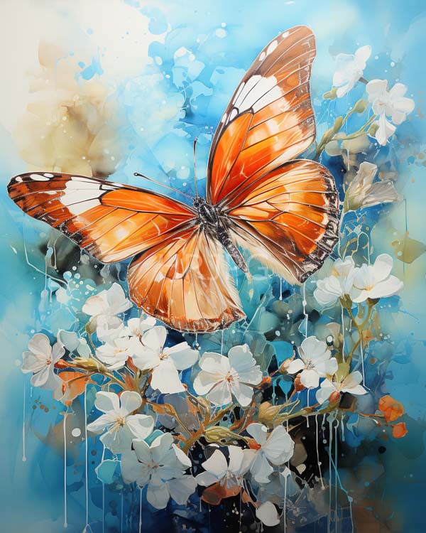 High Resolution: Vibrant watercolor painting depicts a large orange and black butterfly with white spots perched on a cluster of white flowers against a dreamy ethereal background download. | HRJPG.com