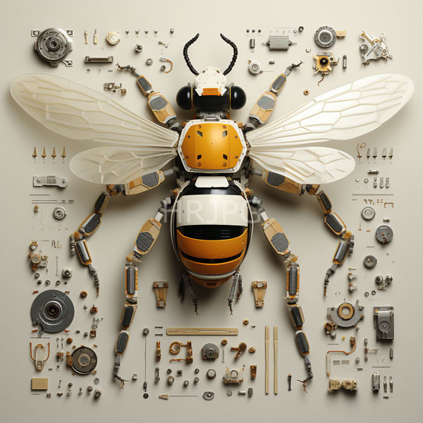 High Resolution: Meticulously arranged large robotic bee sculpture is made from various mechanical and electronic components with a yellow and black segmented body and translucent wings download. | HRJPG.com