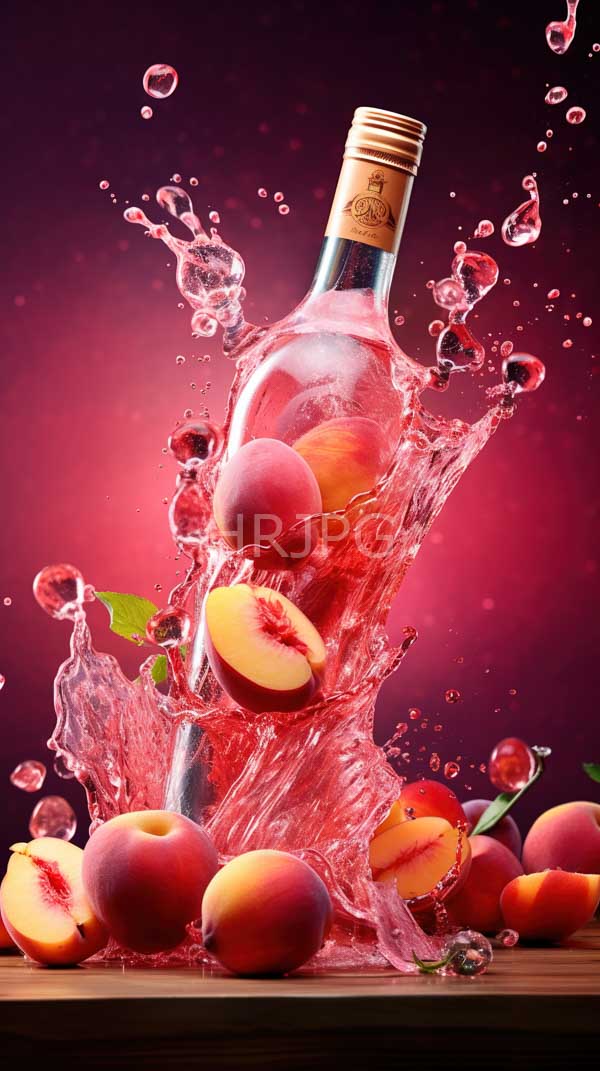 High Resolution: Clear glass bottle of peach liqueur splashing with water is surrounded by fresh peaches and peach slices with dynamic motion download. | HRJPG.com