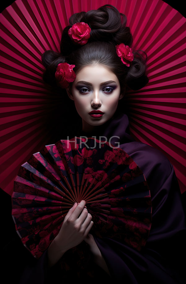 High Resolution: Pale-skinned East Asian woman with dark intricately styled hair is adorned with red roses and holds a red and black floral-patterned folding fan download. | HRJPG.com