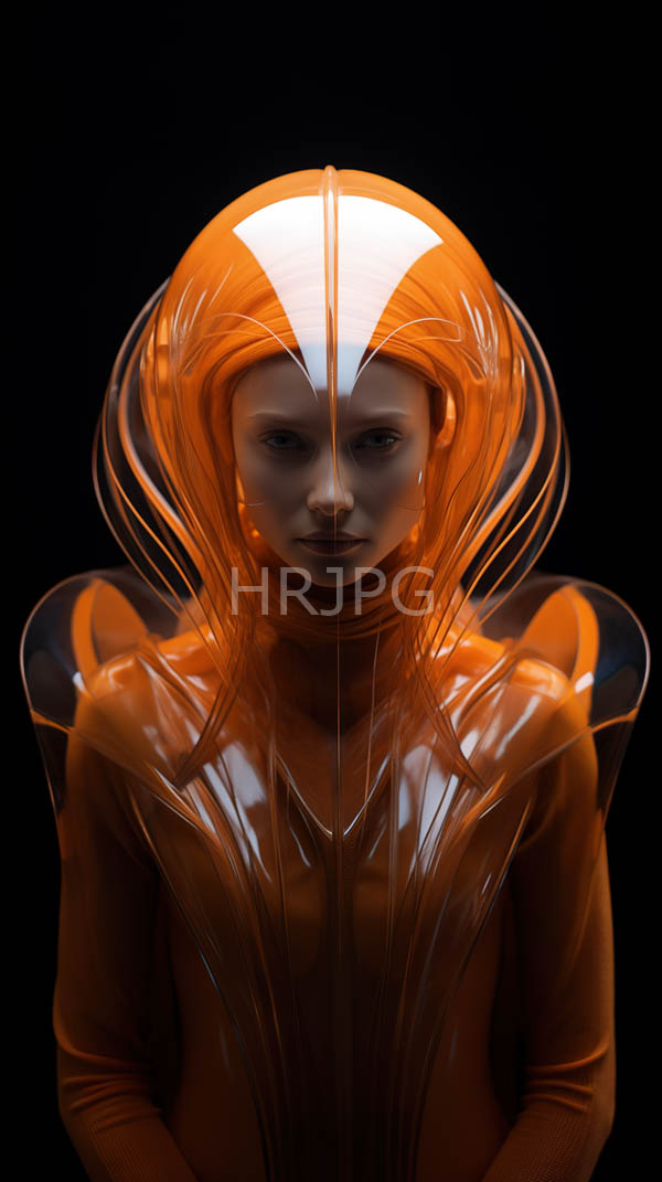 High Resolution: Pale-skinned woman wears a symmetrical futuristic orange and white helmet and a matching glossy orange bodysuit with a central white stripe download. | HRJPG.com