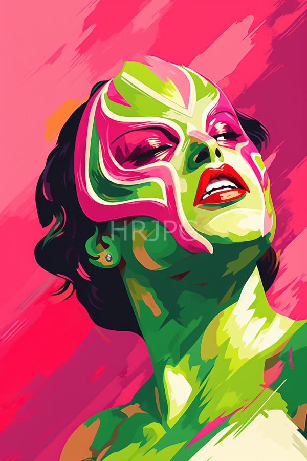 High Resolution: Woman with green and pink face paint wears a pink and green mask against a vibrant pink background with bold abstract brushstrokes download. | HRJPG.com