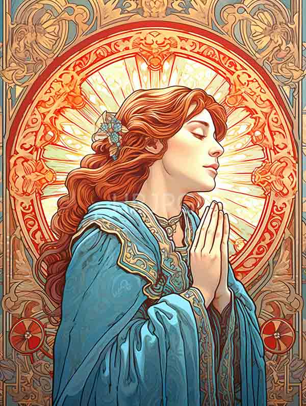 High Resolution: Serene fair-skinned woman with wavy auburn hair adorned with a blue flower prays with hands clasped wearing an ornate blue robe with a golden halo download. | HRJPG.com