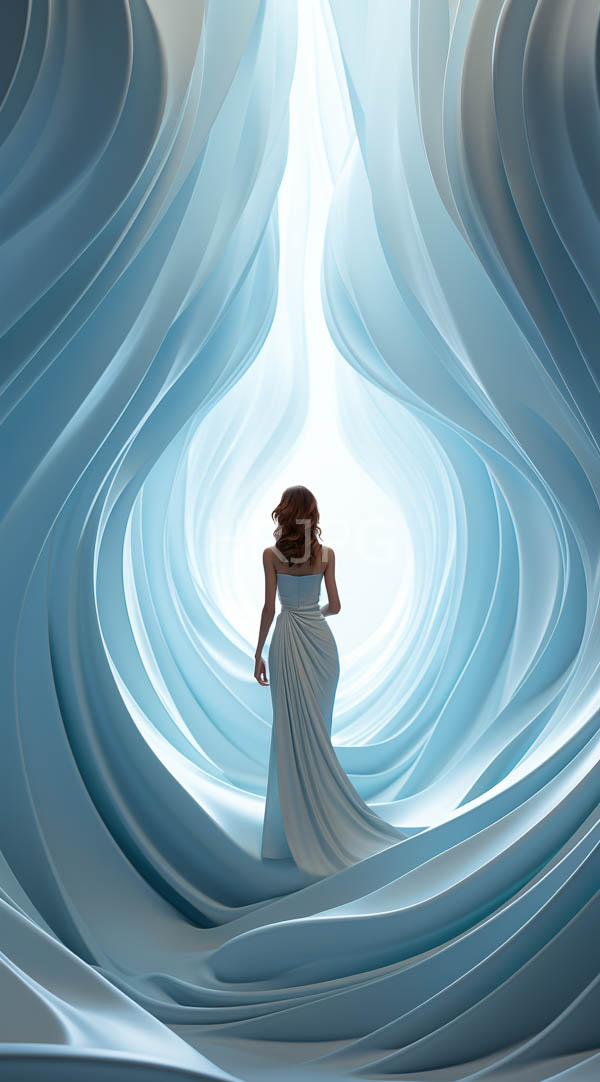 High Resolution: Woman with wavy brown hair seen from behind wears a flowing strapless white gown standing in a surreal sculptural environment of undulating wave-like structures download. | HRJPG.com