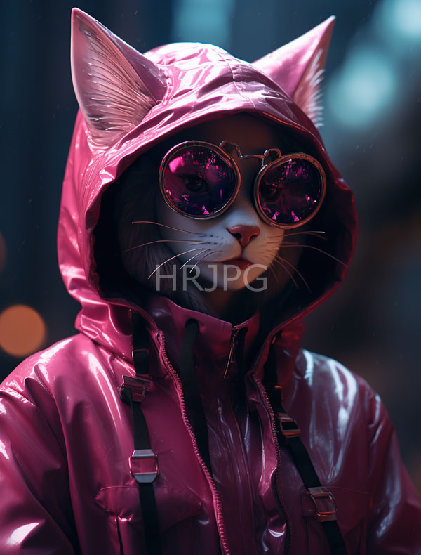 High Resolution: Anthropomorphic cat with white fur wears a shiny pink hooded raincoat with black straps and round purple-tinted goggles download. | HRJPG.com