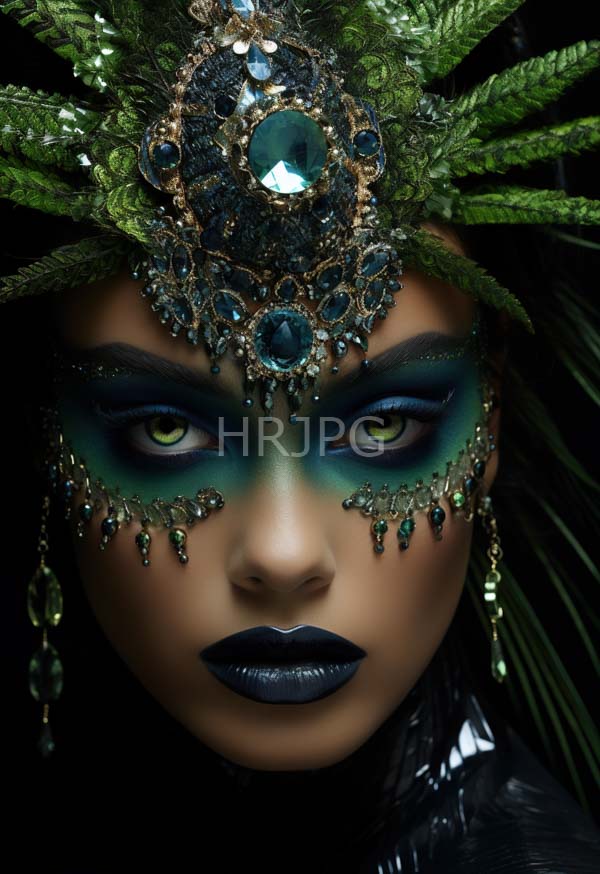 High Resolution: Person with dark skin and striking green eyes wears an elaborate green and blue masquerade mask adorned with intricate jewelry and green feathered headdress download. | HRJPG.com