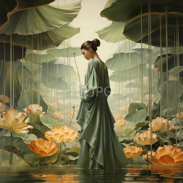 High Resolution: Serene light-skinned woman with brown hair wears an elegant flowing green robe standing in a lotus-filled pond surrounded by large green leaves and blooming orange lotuses download. | HRJPG.com