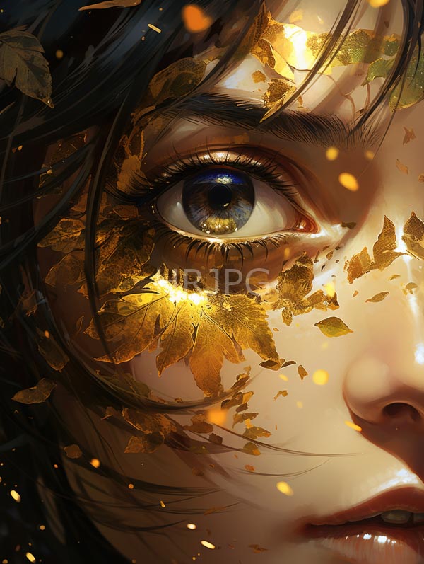High Resolution: Close-up detailed face features a large vivid blue eye with golden autumn leaves and glowing particles scattered across the skin download. | HRJPG.com