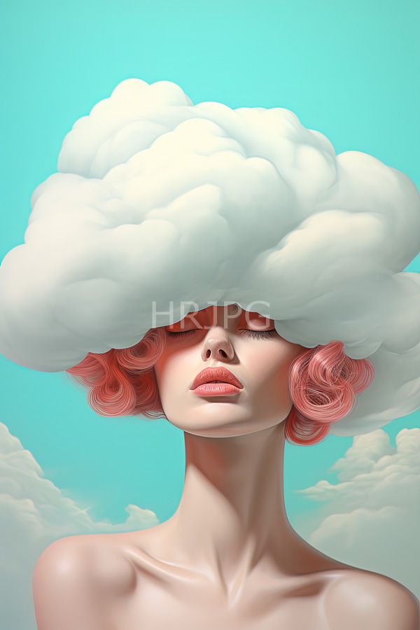 High Resolution: Pale-skinned slender woman with closed eyes and pink curly hair wears a large fluffy white cloud as a hat against a bright turquoise sky download. | HRJPG.com