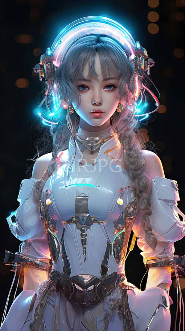High Resolution: Young attractive anime-style woman with long braided silver hair wears a futuristic white off-shoulder dress with metallic accents and glowing blue headphones download. | HRJPG.com